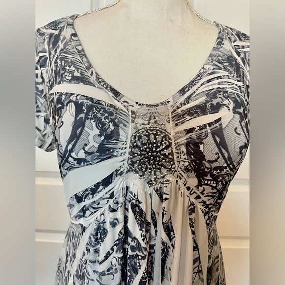 Vtg Y2K Boho Apt.9 Midi Stretch Dress Gray White Pattern Dye Print Scoop Neck MD - Picture 11 of 15